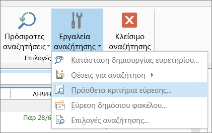 Επιλογή "Πρόσθετα κριτήρια εύρεσης" στην περιοχή "Εργαλεία αναζήτησης"