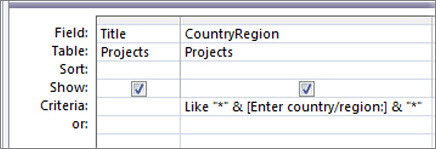 Πλέγμα σχεδίασης ερωτήματος με τα ακόλουθα κριτήρια στη στήλη "Χώρα/Περιοχή": Like "*" & [Εισαγάγετε χώρα/περιοχή:] & "*"