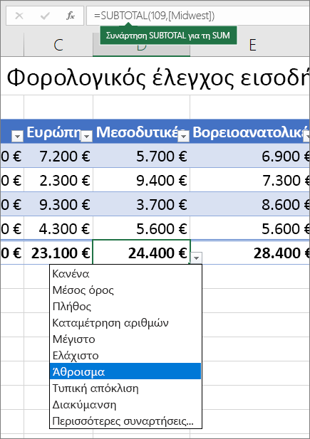 Παράδειγμα επιλογής τύπου γραμμής αθροίσματος από την αναπτυσσόμενη λίστα τύπων γραμμής αθροίσματος