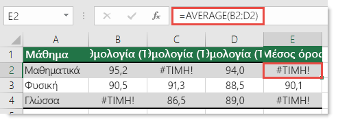 Το σφάλμα #ΤΙΜΗ! στη συνάρτηση AVERAGE