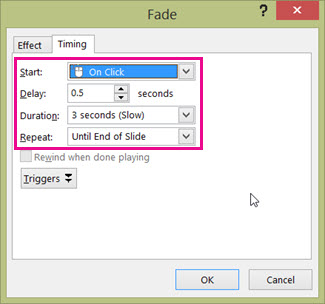 Set the timing, delay, and duration of an animation effect