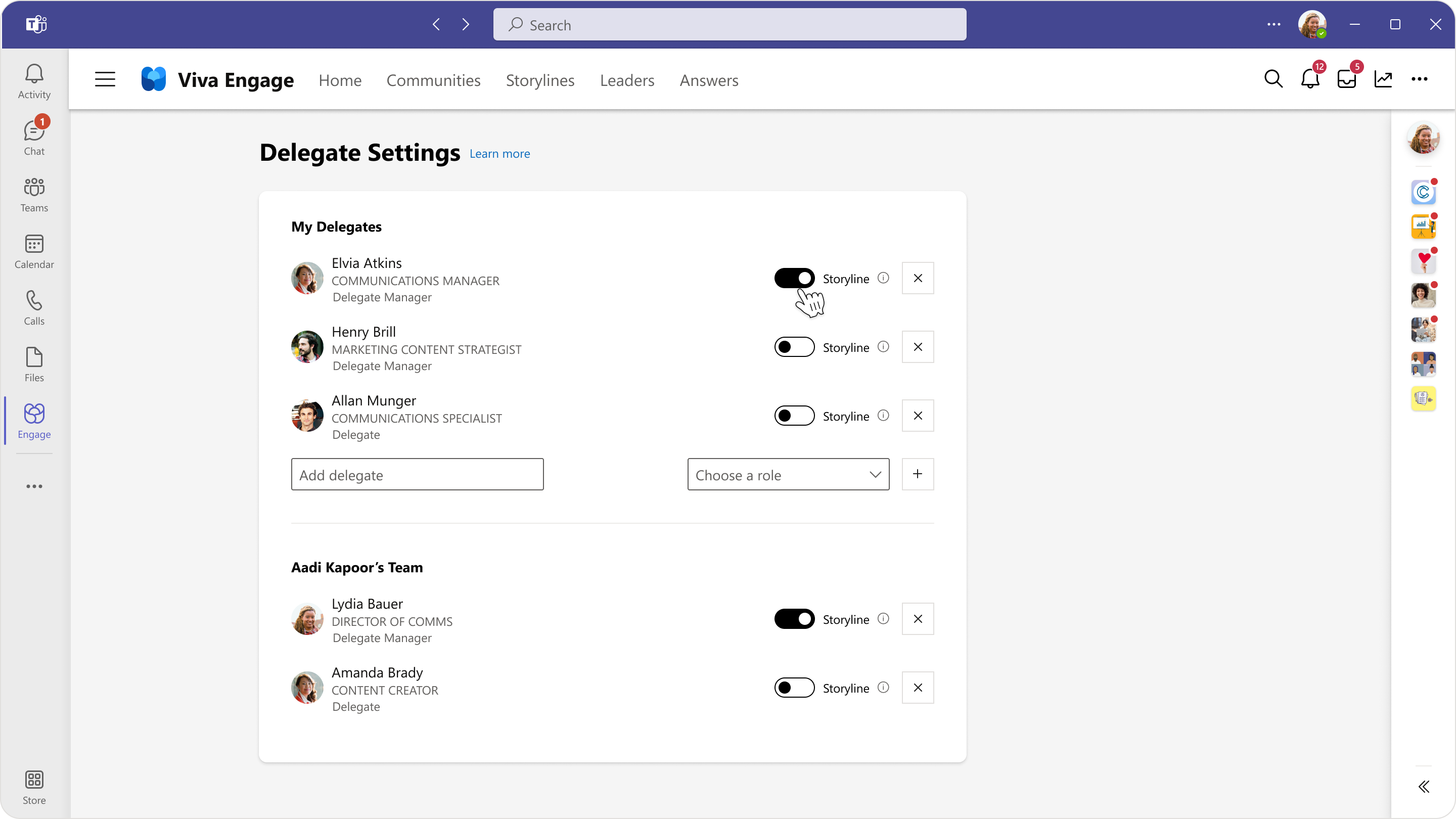 Image of the Delegate Settings page in Viva Engage