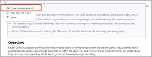 Screenshot showing a user converting a page summary to a Loop component