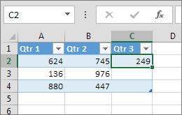 Typing a value in a cell to the right of the table adds a column