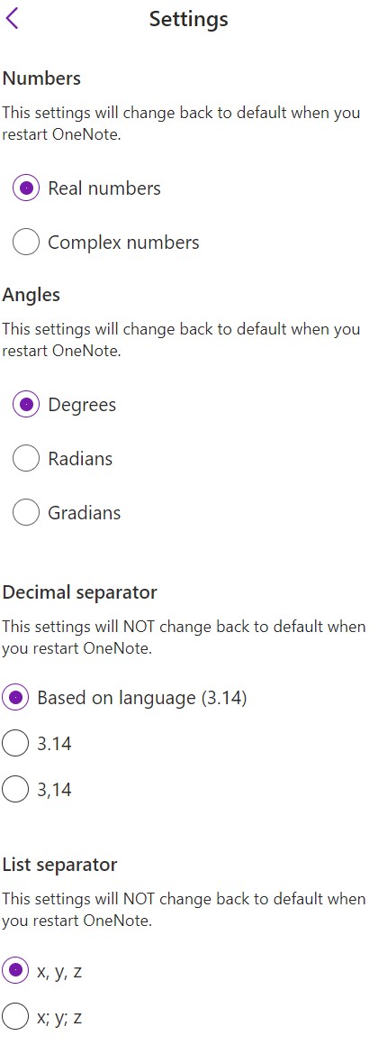 A list of adjustable settings with radio buttons