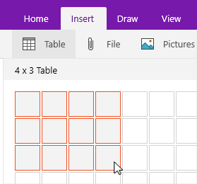 Insert table command showing selection grid