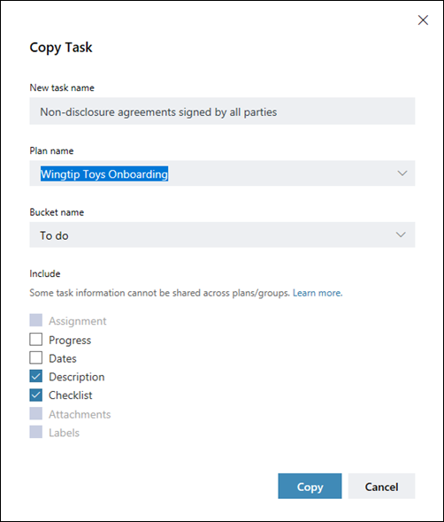 Screen capture: Showing that assignment, attachments, and lables, are grayed out and can't be copied across plans.