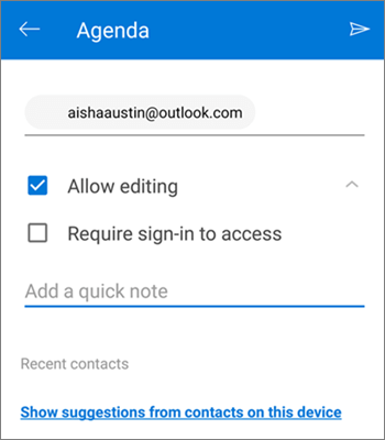 Screenshot of inviting people to share a file from OneDrive for Android