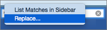 The Replace option is highlighted in the Search box