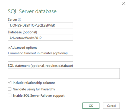 Power Query SQL Server Database connection dialog