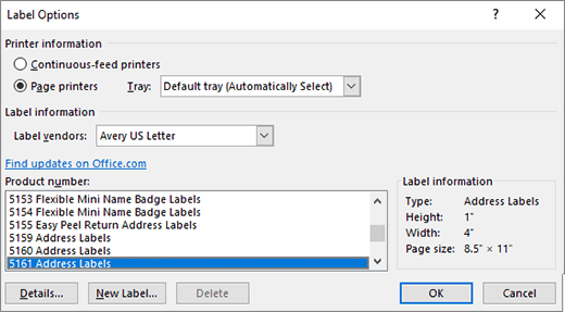 Label options dialog