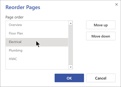 Rearrange pages by using the Reorder Pages dialog box.