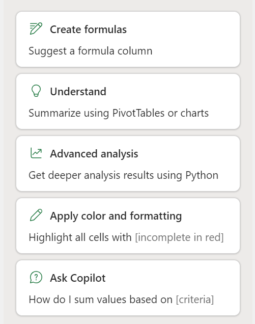 Screenshot showing cards that display the skills for Excel Copilot