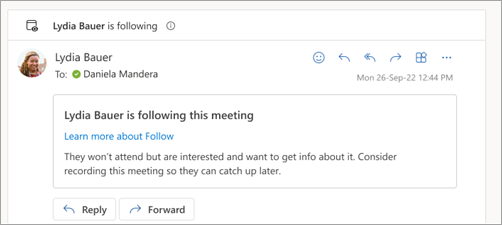 Screenshot showing email response that attendee is following the meeting