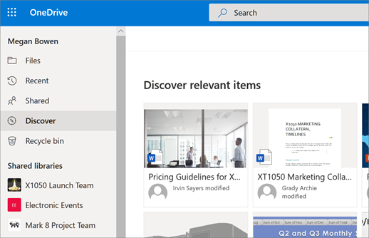 Screenshot of the Discover view in OneDrive for Business