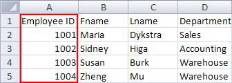 Excel table with data about employees