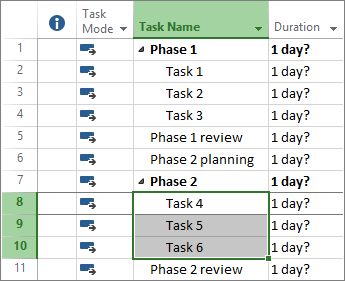 Screenshot of outlined tasks in a project plan.