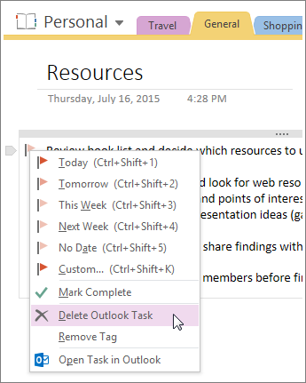 Screenshot of how to delete an Outlook task in OneNote 2016.