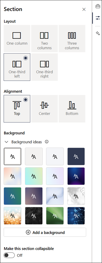 Properties pane for section