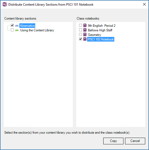 Distribute Content Library pane with a list of Content Library sections and a list of Class Notebooks as destinations.