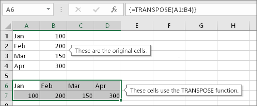 Original cells above, cells with TRANSPOSE function below