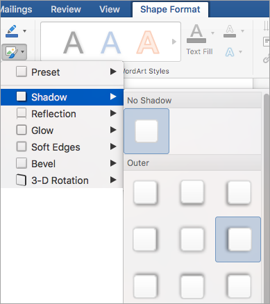 Options on the Shape Effects menu