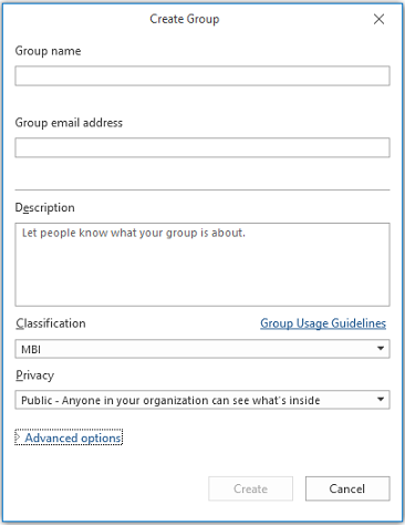 New Group info page in Outlook