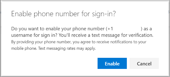 Confirmation dialog to enable SMS sign-in for a phone number