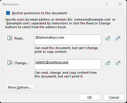 The restrict permissions dialog lets you specify which users or domains can read or change your file.