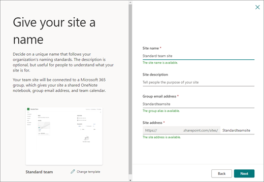 In the left pane of the window, enter a name for your team site in the first field. Provide an optional site description in the second field. The third field is the group email address field, which is autopopulated with the site name you entered (without spaces). You can change this value. The fourth field is the site address. The first part of the site address is already set, but the name for the specific site is autopopulated with autopopulated with the site name you entered (without spaces). You can change this value.