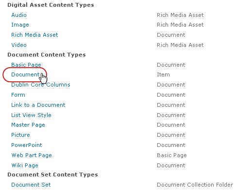 Document Content Types with type highlighted