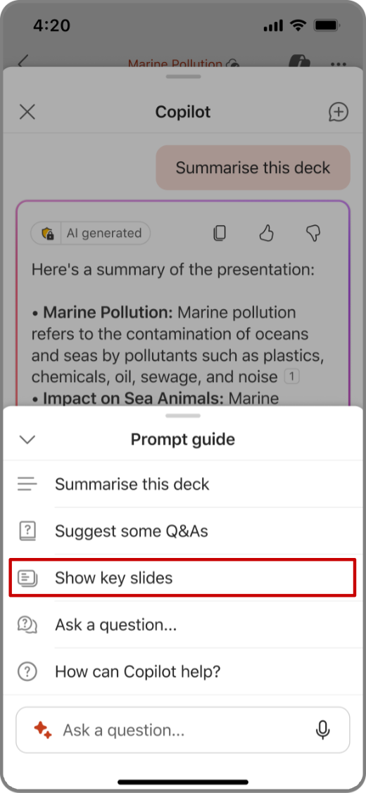 Screenshot of Copilot in PowerPoint on iOS device with Show Key Slides prompt