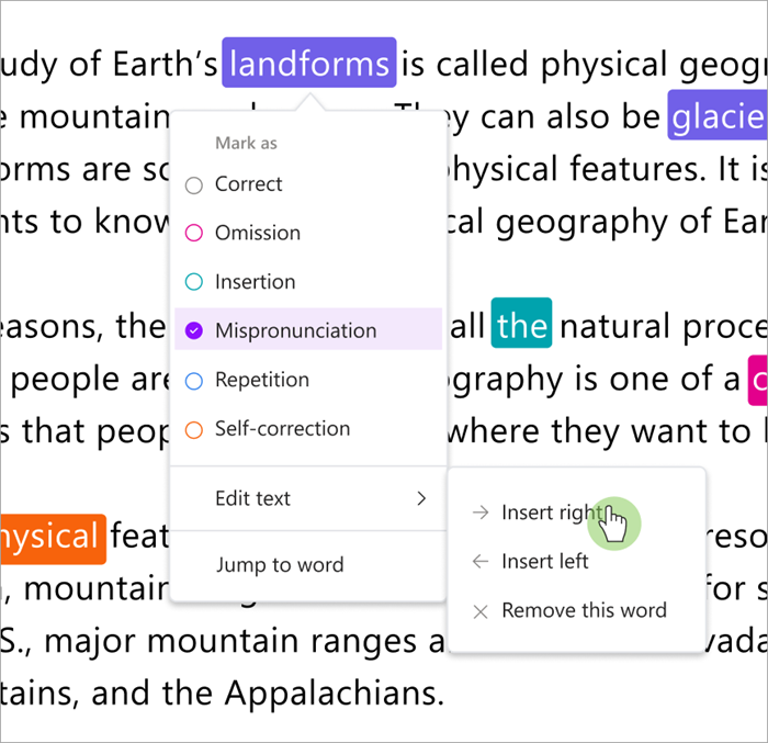 Sreenshot of review pane of reading progress showing how to insert words to the right or left of a selected word