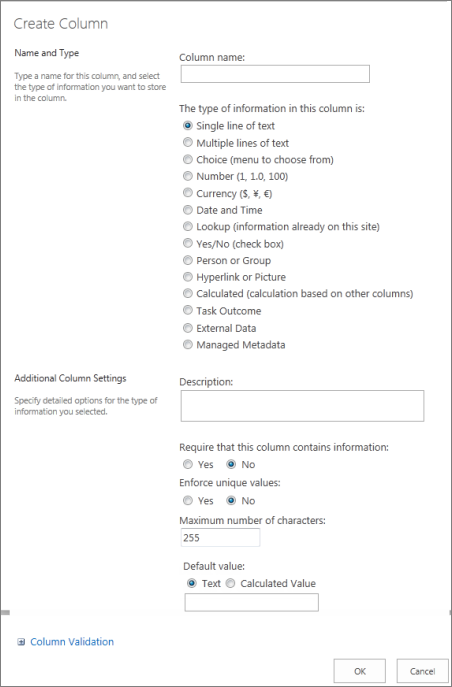 Creat column dialog