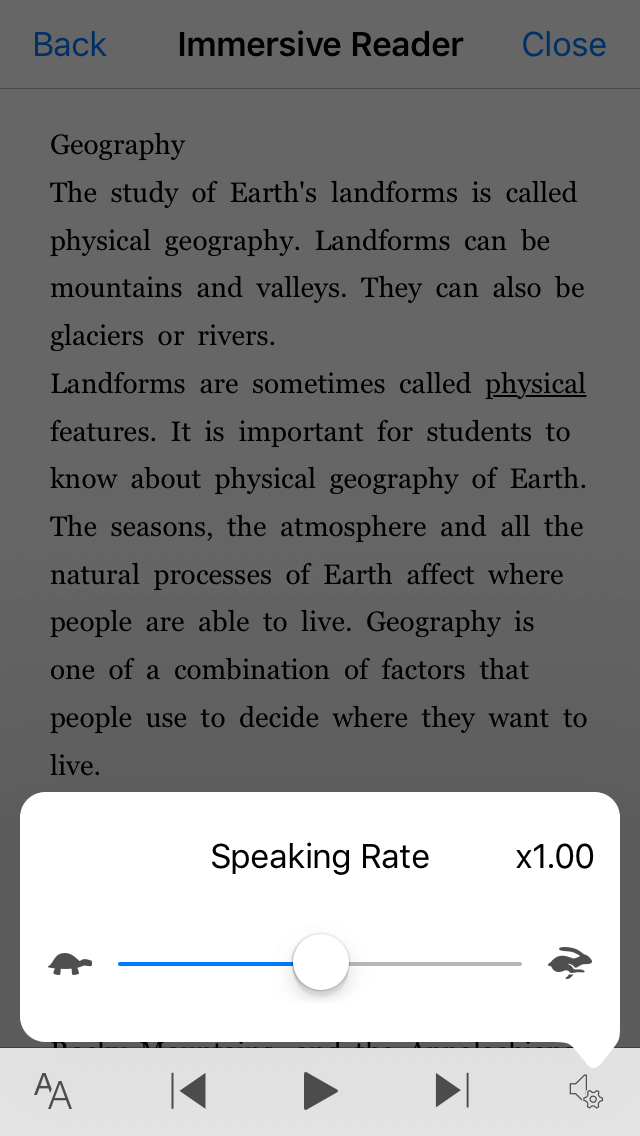 Screenshot of the Office Lens Speaking Rate setting slider.