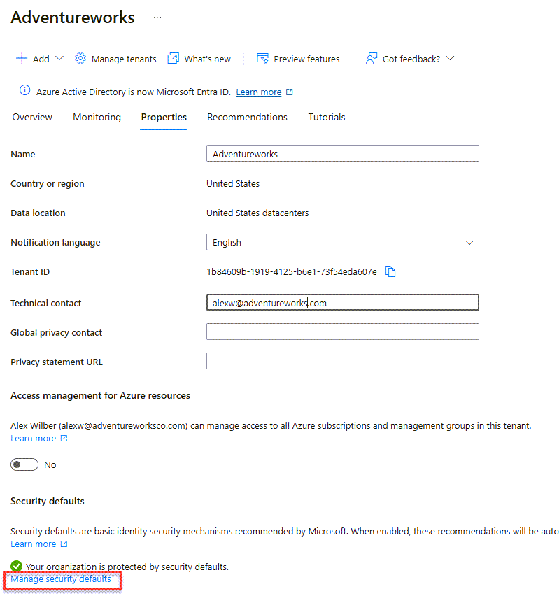 The Azure Active Directory tenant properties screen with the Manage security defaults link highlighted.