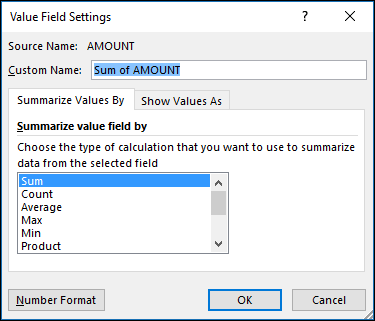 Excel Value Field Settings dialog for Summarize Values By options