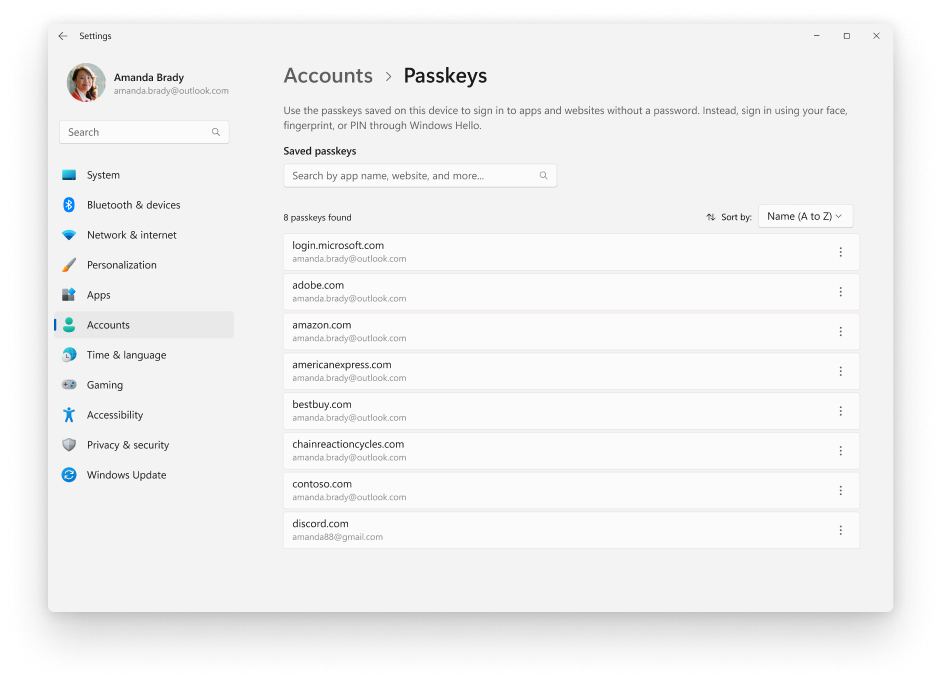 Screenshot of the Settings app showing a list of the passkeys stored on the device.