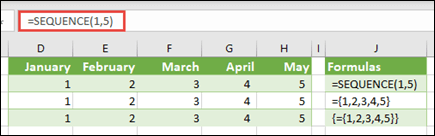 Create a horizontal array constant with =SEQUENCE(1,5) or ={1,2,3,4,5}