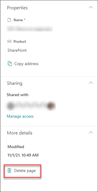 Screenshot of the delete page option in page details pane
