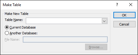 The Make Table dialog in Access allows you to select options for your make table query.