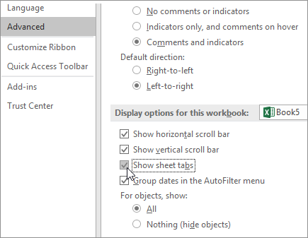 Show sheet tabs in Excel options