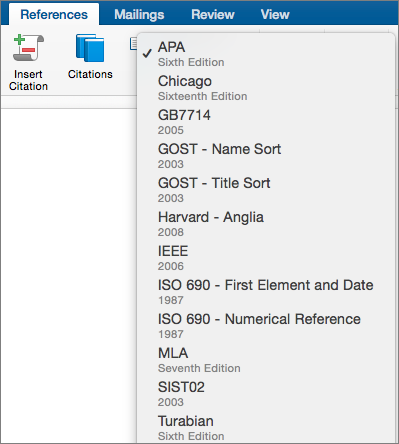 On the References tab, the citation styles are highlighted.