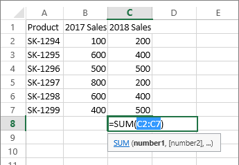 Range of cells automatically detected with the AutoSum button