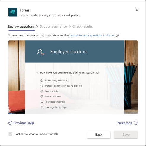 Forms dialog in Teams with a preview of the employee well-being measurement template