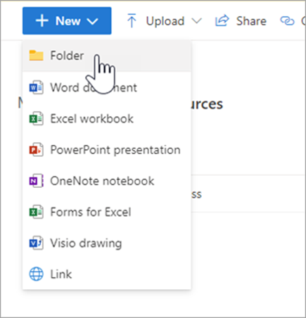 Screenshot of dropdown menu in Onedrive, mouse hovers over "folder"