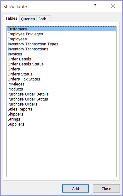 Show Table dialog in Access displaying table names