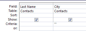 query designer with criteria set to show records with blank value field