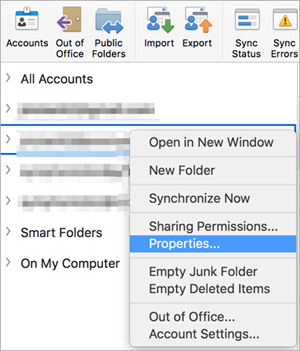 Shows the context menu of an Exchange folder with Properties selected