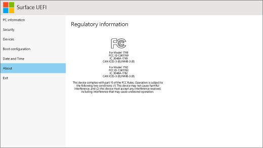 The about screen for Surface UEFI